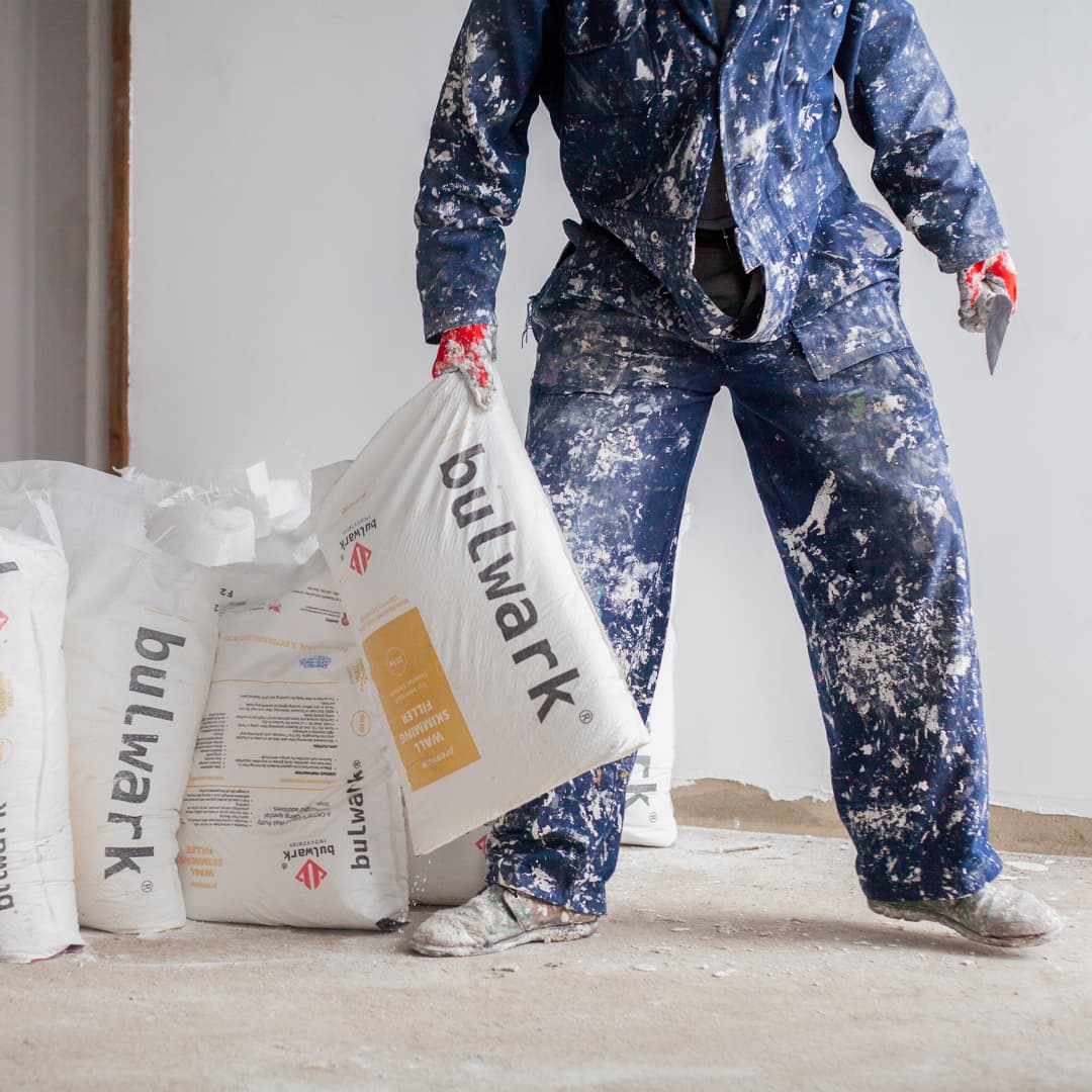 Bulwark wall skimming filler bags on site